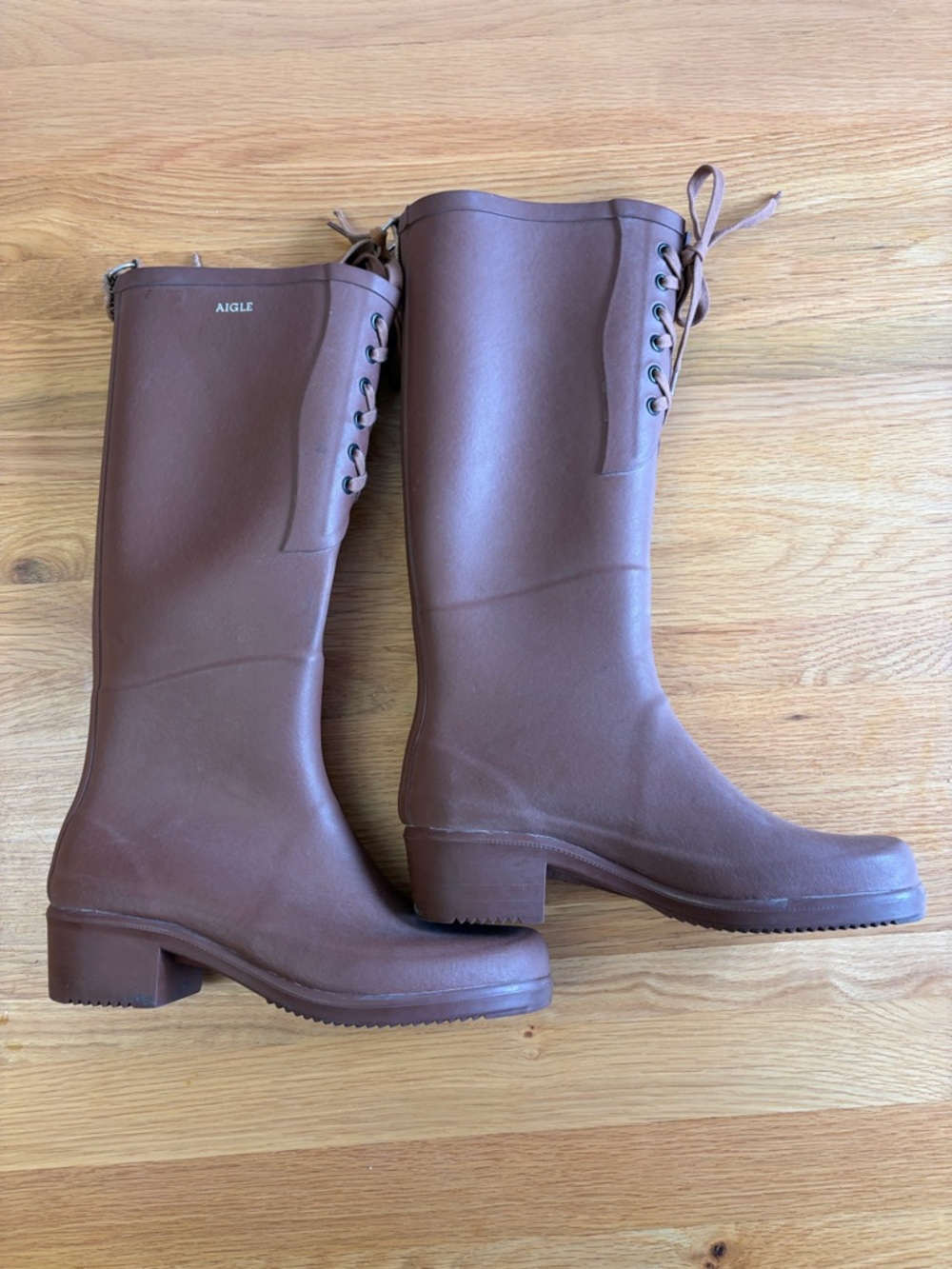 Aigle Brown Lace-Up Tall Rain Boots